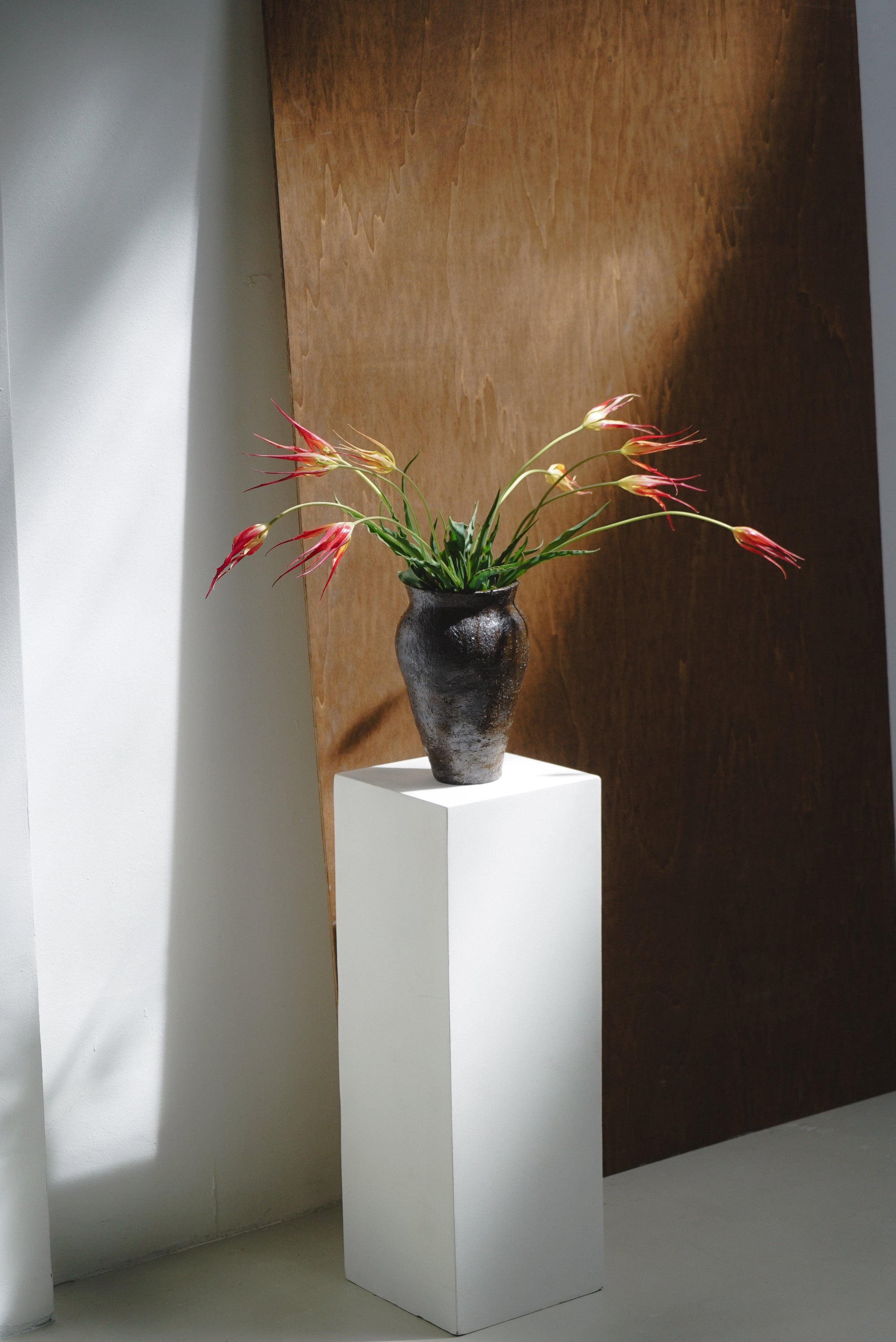 Textured brown ceramic vase by klangnapha with flowers, on a white plinth with a wooden panel resting on a white wall in the background.