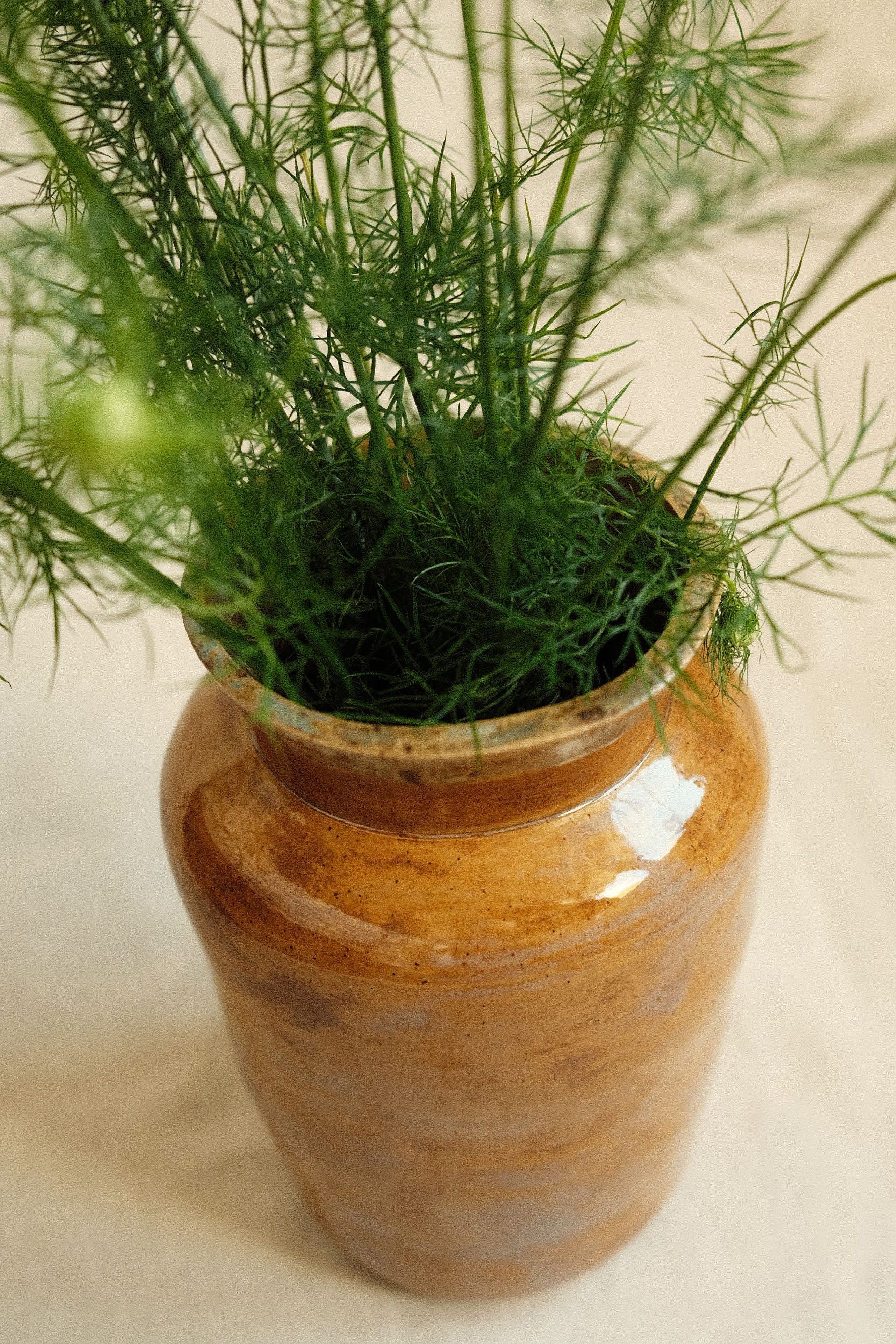 Close up of ochre glazed ceramic vase by Bira Ceramics with green flowers on a beige background.