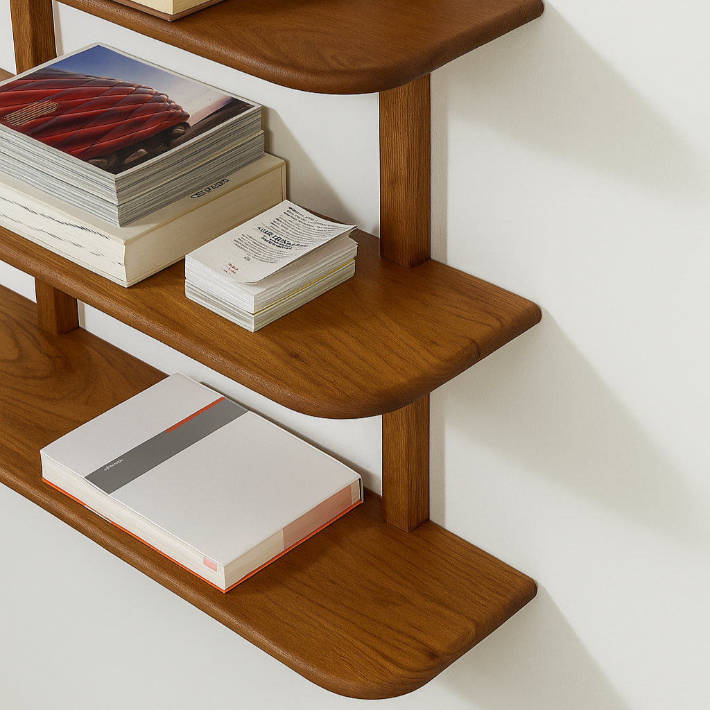 Wooden bookshelf by Estudio Prosa with books on a white wall.