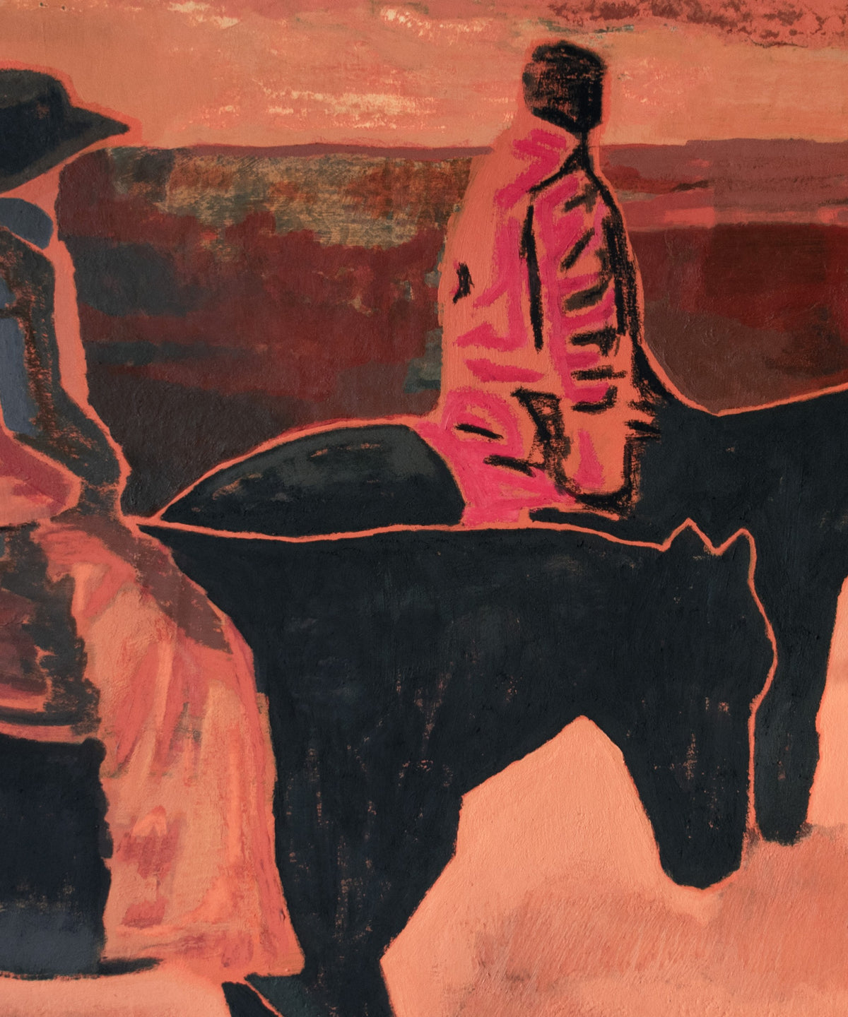 An original painting by Marcsen hanging on a white wall, depicting two riders on horseback in warm orange, red, black, and brown tones.