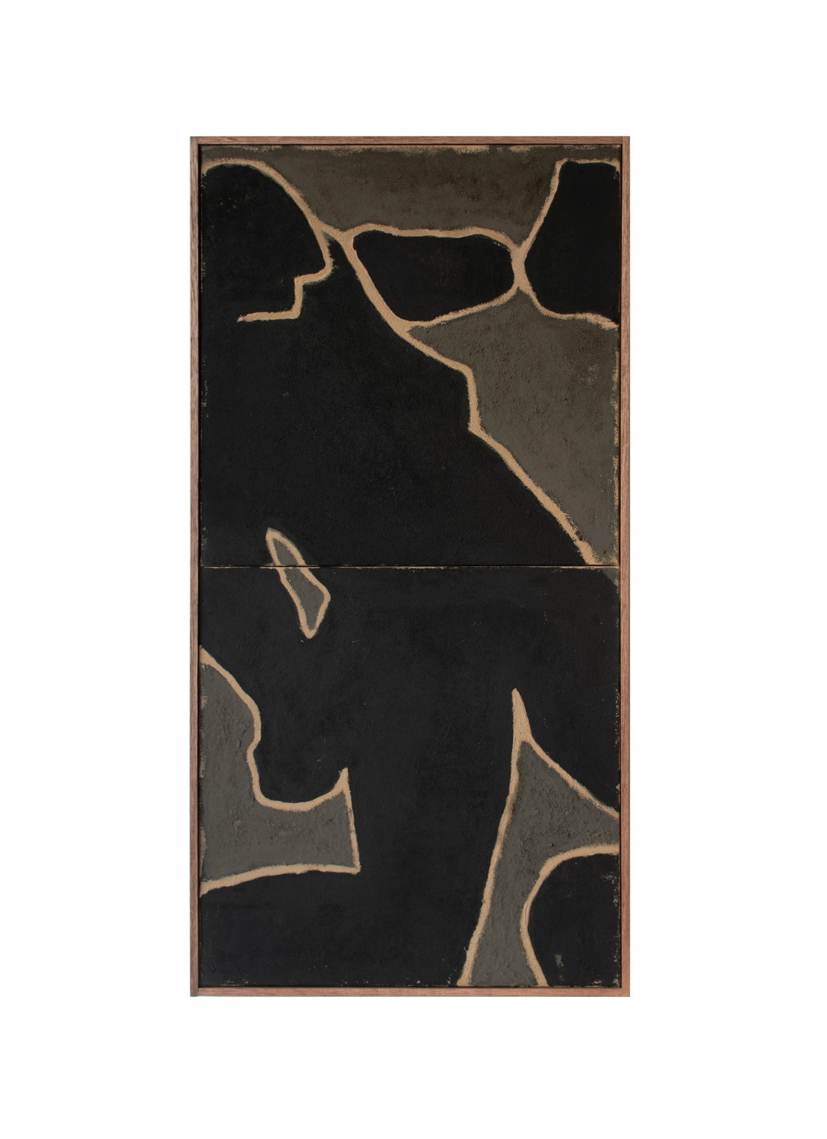 Original abstract wall art by Marcsen in black and earthy green tones housed in a vertical wooden frame and displayed on a neutral wall.